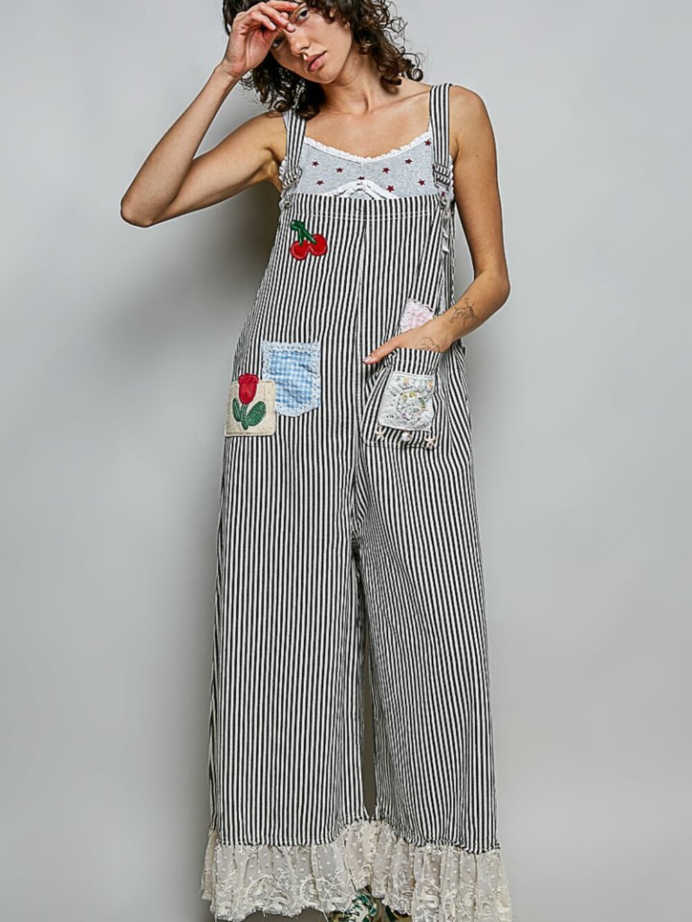POL Stripe & Lace Overalls